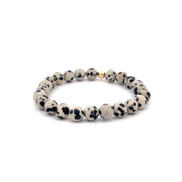 Natural Dalmatian Jasper 6mm Stretchable Bracelet 18k Gold Bead Charm - Picture 3 of 4